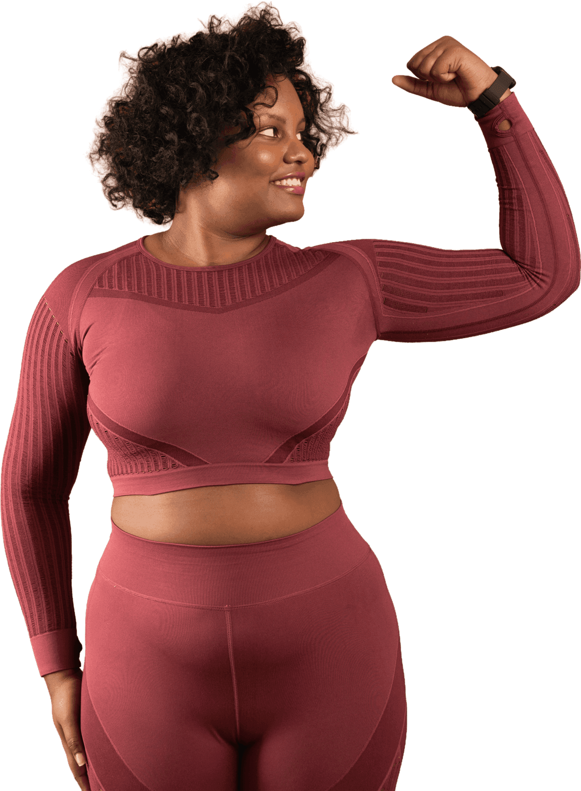 Confident Black creator in activewear with a flexed arm, cut out on a transparent background
